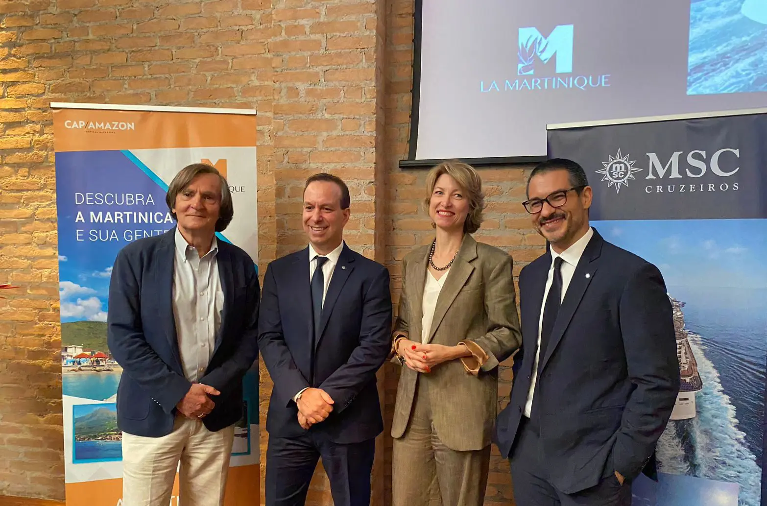 Jean-Phillipe Perol, de Martinica, Adrian Ursilli, da MSC, Caroline Putnoki, da Atout France, e Ignacio Palacios, da MSC. - Foto: Gabrielle Cotrim (Brasilturis)