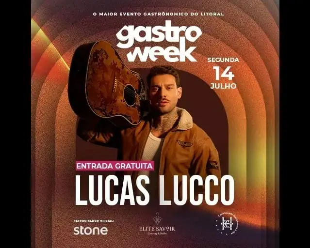 Entre as apresentações confirmadas com entrada gratuita está o show do cantor Lucas Lucco, na segunda-feira (14). Crédito: DIvulgação / Gastro Week Entre as apresentações confirmadas com entrada gratuita está o show do cantor Lucas Lucco, na segunda-feira (14). Crédito: DIvulgação / Gastro Week