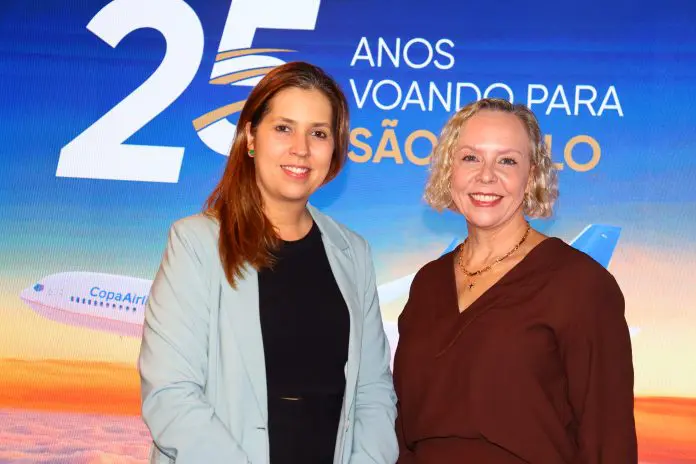 Valéria Padilla, gerente de Marketing da Copa Airlines, e Monica Afonso, gerente de Vendas Brasil. Crédito: Felipe Lima/Brasilturis Valéria Padilla, gerente de Marketing da Copa Airlines, e Monica Afonso, gerente de Vendas Brasil. Crédito: Felipe Lima/Brasilturis