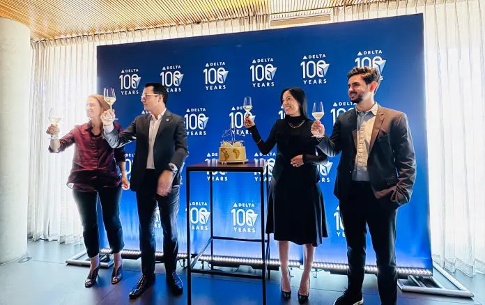 Gabriela Melo, gerente de Marketing, Maurício Parise, VP de Brand Experience, Eduarda Miranda, coordenadora de Marketing da Delta em Atlanta, e João Guimarães, gerente comercial Brasil da Delta. Crédito: Felipe Lima/Brasilturis