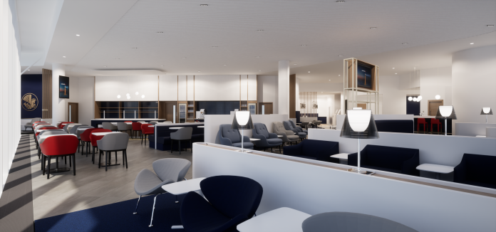 Novo lounge da Air France em Heathrow terá 750 m² e espaços de gastronomia, bar, spa e área de trabalho. Crédito: Divulgação/Air France