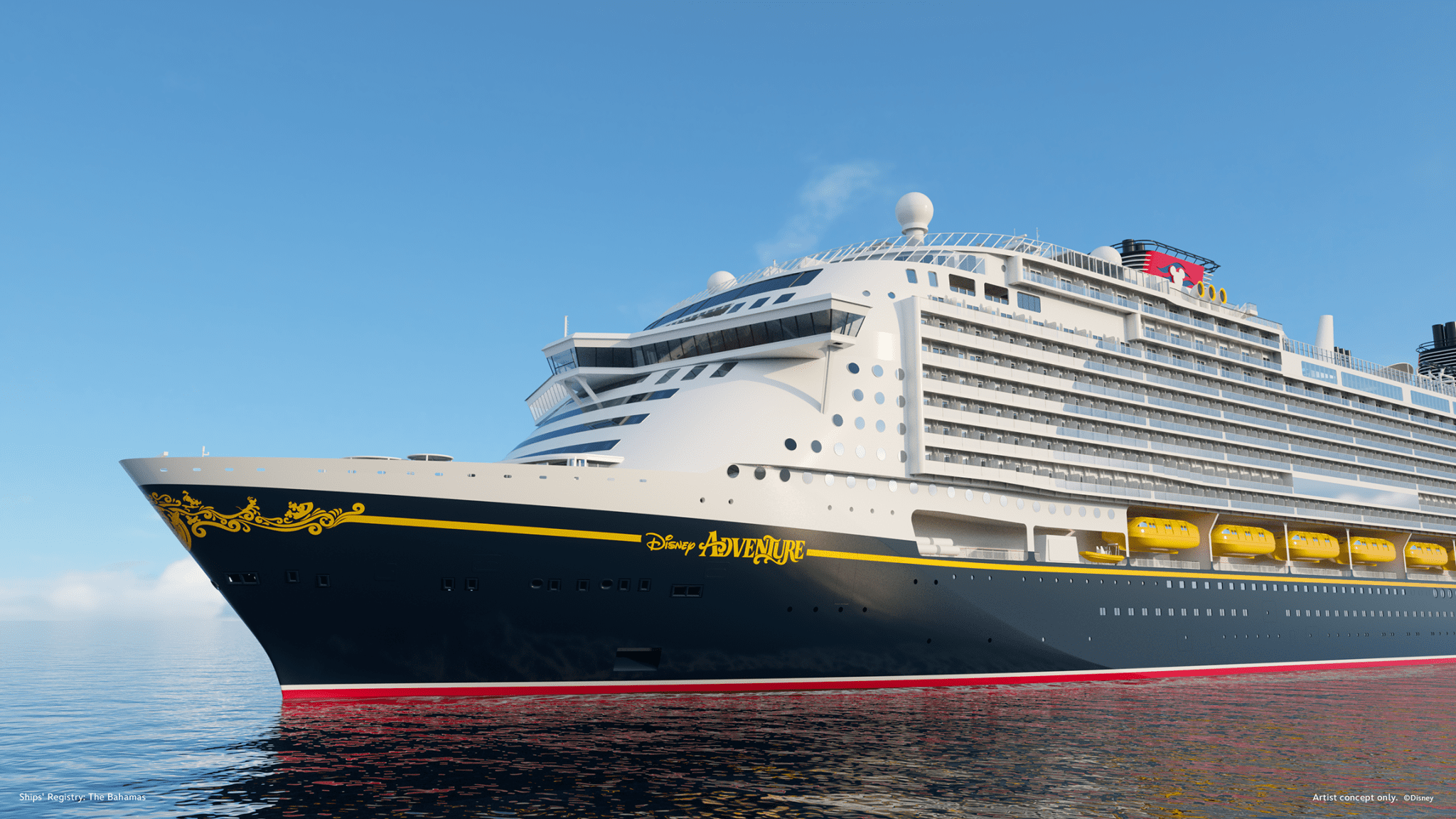 Projeção do Disney Adventure, primeiro navio da Disney Cruise Line com base na Ásia, que estreia em 2025. Crédito: Divulgação/Disney
