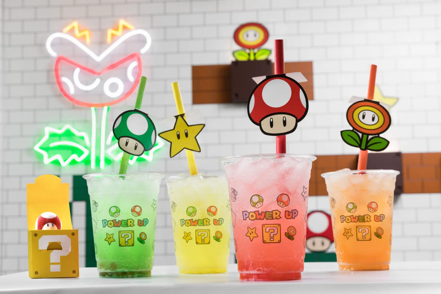 Power Up Cafe at USH - Super Mushroom Fizz, 1-Up Mushroom Fizz, Fire Flower Fizz and Super Star Fizz Beverages Super Nintendo World