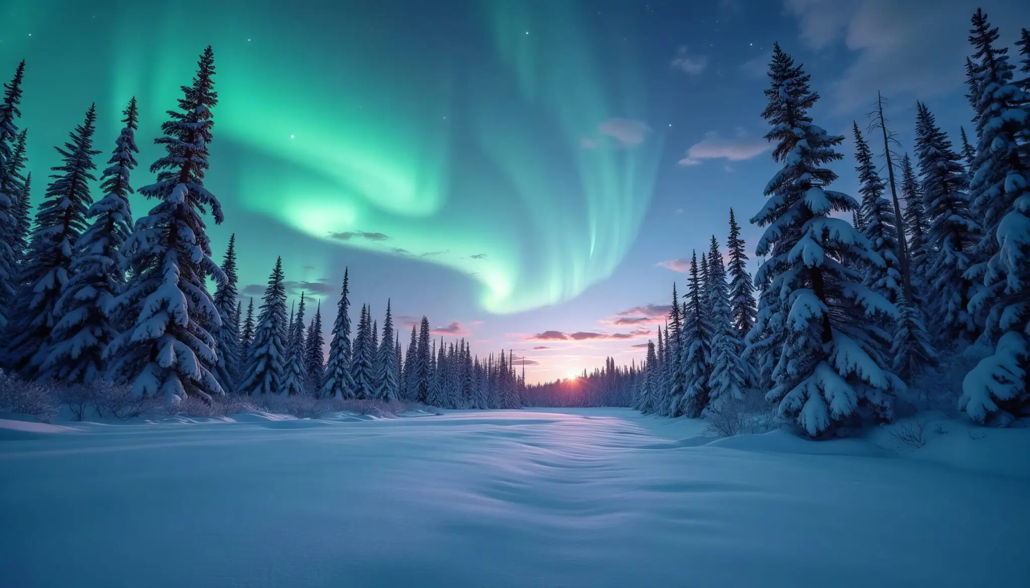 Vivid Auroras Illuminate a Snowy Forest Beneath a Starry Night Abreu destinos
