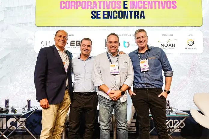Alexis Pagliarini, CEO da Criativista ESG4; Raffaele Cecere, CEO do Grupo R1; Paulo Ventura, diretor do Expo Center Norte; e Leandro Pimenta, CEO da TG.Mob. Crédito: Alexis Pagliarini, CEO da Criativista ESG4; Raffaele Cecere, CEO do Grupo R1; Paulo Ventura, diretor do Expo Center Norte; e Leandro Pimenta, CEO da TG.Mob. Crédito: