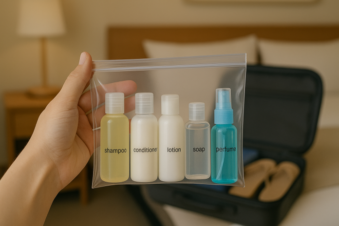 Todos os frascos de até 100ml devem estar em embalagem plástica transparente, vedável, de até 1 litro, com folga em seu interior. Crédito: Imagem gerada por IA aeroporto guarulhos