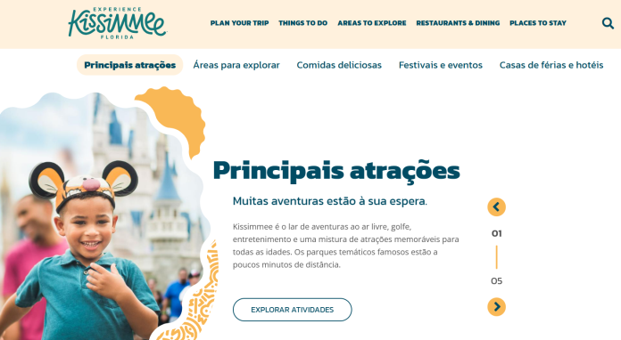 Experience Kissimmee lança site e redes sociais em português para se aproximar do público brasileiro. Crédito: Reprodução/Experience Kissimmee Experience Kissimmee lança site e redes sociais em português para se aproximar do público brasileiro. Crédito: Reprodução/Experience Kissimmee