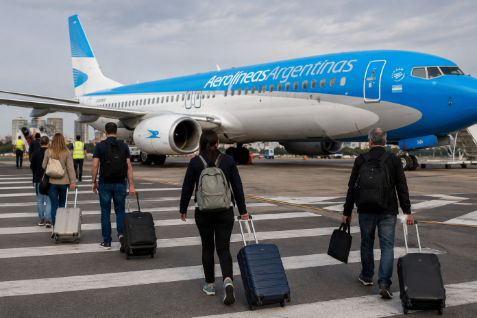 Aerolíneas Argentinas passa a cobrar mala de cabine em tarifas básicas de voos domésticos e segue tendência global. Crédito: Gerado por Inteligência Artificial
