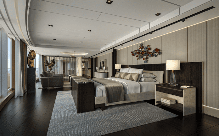 Skyview Regent Suite contará com cama exclusiva desenvolvida pela fabricante italiana Flou Crédito: Divulgação / Regent Seven Seas Cruises