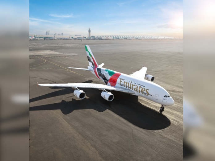 irbus A380 da Emirates recebe pintura especial com bandeira dos Emirados Crédito: Divulgação/Emirates