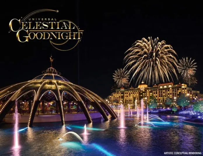 Novo espetáculo noturno do Epic Universe combinará iluminação, fontes coreografadas e fogos de artifício em Celestial Park. Crédito: Divulgação/Universal Orlando Resort