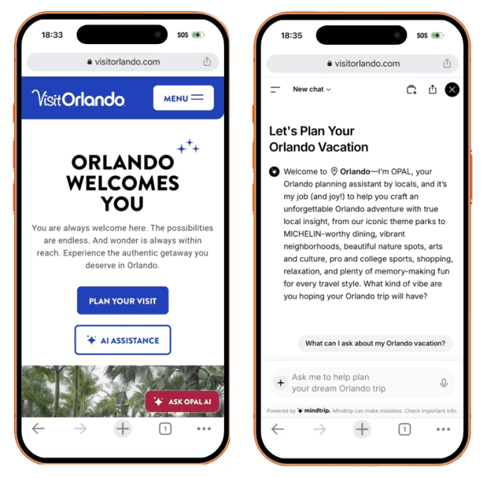 OPAL utiliza inteligência artificial para criar roteiros personalizados e auxiliar visitantes no planejamento de viagens a Orlando. Crédito: Divulgação/Visit Orlando