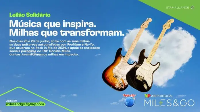 Guitarras autografadas por ProfJam e Ne-Yo serão leiloadas para arrecadar milhas destinadas a projetos sociais. Crédito: Divulgação/TAP Air Portugal