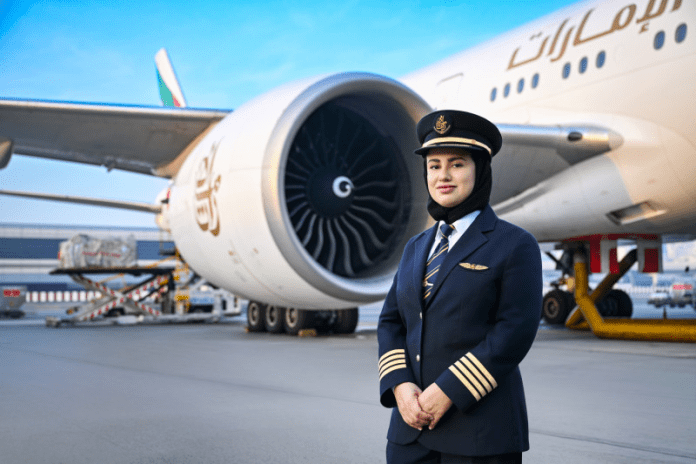 Pilotas formadas pelo programa de cadetes passam a operar aeronaves Boeing 777 da companhia aérea. Crédito: Divulgação/Emirates Pilotas formadas pelo programa de cadetes passam a operar aeronaves Boeing 777 da companhia aérea. Crédito: Divulgação/Emirates