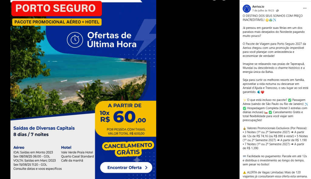 Na página da Aeriva.io, posts anunciam ofertas com sistema semelhante ao utilizado pela Hurb no passado. 