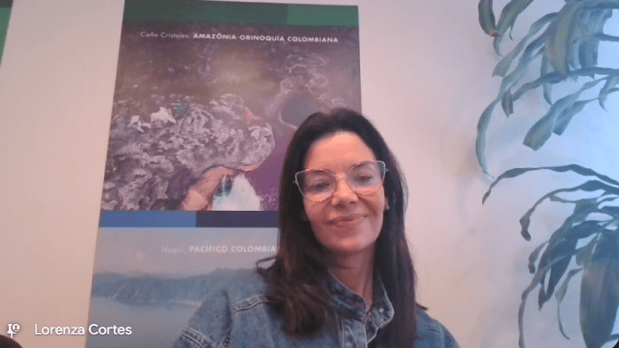 Lorenza Cortés, da ProColombia Brasil, apresentou aos agentes de viagens destinos e experiências além dos tradicionais roteiros colombianos. Crédito: Reprodução/Google Meet