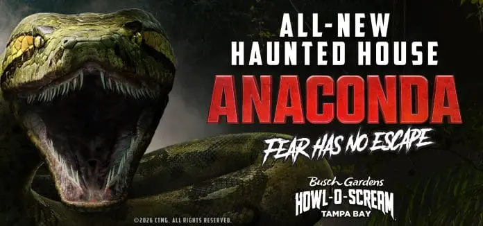 Busch Gardens estreia casas assombradas inspiradas em Anaconda durante o Howl-O-Scream 2026. Crédito: Divulgação/Busch Gardens