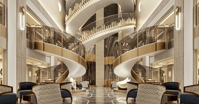 Instalação com mais de 300 hastes de cristal da Boêmia será um dos destaques do Starlight Atrium do Seven Seas Prestige. Crédito: Divulgação/Regent Seven Seas Cruises