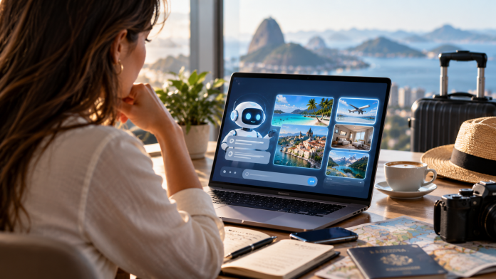 Após receber uma recomendação de viagem por IA, 59% recorrem ao Google, 49% consultam o site oficial e apenas 5% reservam exatamente a opção sugerida. Imagem gerida por IA