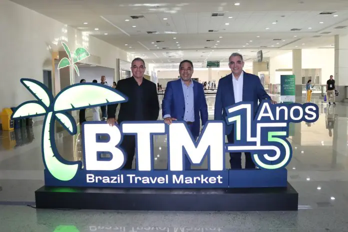 Breno Mesquita, Claudio Junior e Bruno Mesquita, CEOs da BBC Eventos, organizadora do BTM. Crédito: Kamilla Alves/Brasilturis