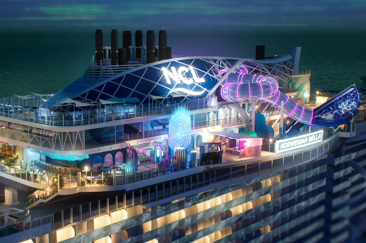 Novo navio da Norwegian Cruise Line terá capacidade para 3.921 hóspedes e contará com atrações aquáticas e áreas de lazer ampliadas.