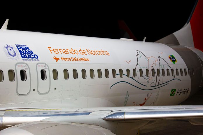 Na lateral do Boeing 737 Max 8 da Gol, elementos noronhenses, como o Morro Dois Irmãos e os tradicionais golfinhos, em destaque Foto: Thiago Amato / Divulgação Gol Na lateral do Boeing 737 Max 8 da Gol, elementos noronhenses, como o Morro Dois Irmãos e os tradicionais golfinhos, em destaque Foto: Thiago Amato / Divulgação Gol
