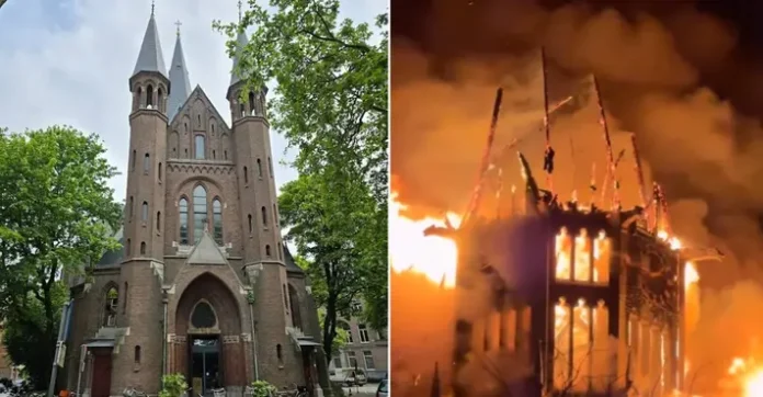 Incêndio atinge a igreja Vondelkerk, em Amsterdã, após queima de fogos na noite de Ano Novo; edifício histórico teve parte da estrutura destruída. Crédito: Reprodução/Redes Sociais Incêndio atinge a igreja Vondelkerk, em Amsterdã, após queima de fogos na noite de Ano Novo; edifício histórico teve parte da estrutura destruída. Crédito: Reprodução/Redes Sociais