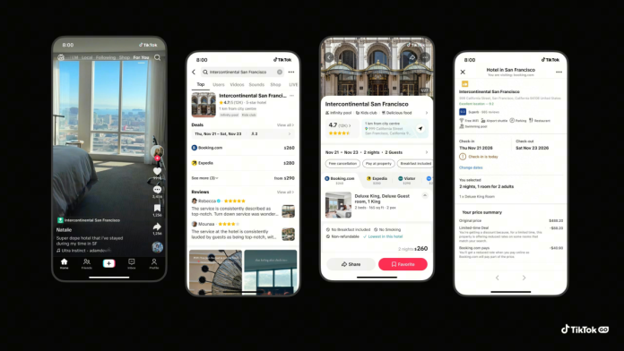 TikTok amplia atuação no Turismo ao integrar reservas de hospedagens e experiências diretamente na plataforma digital social. Crédito: DIvulgação/TikTok