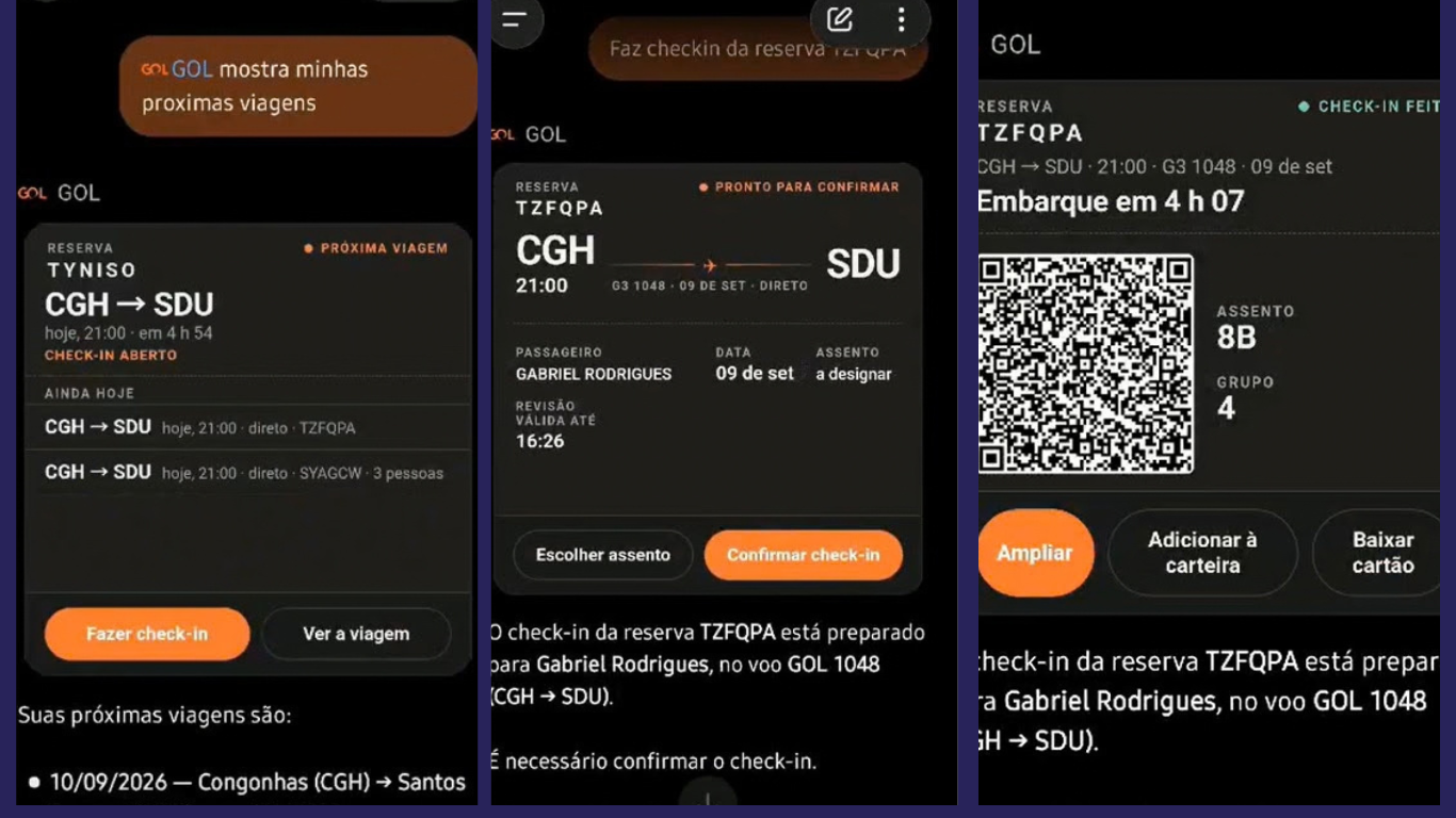 Na conversa, cliente pode pedir para que o chat mostre as próximas viagens com a Gol. E, em seguida, será possível fazer o check-in sem sair do chat. Crédito: Divulgação/Gol